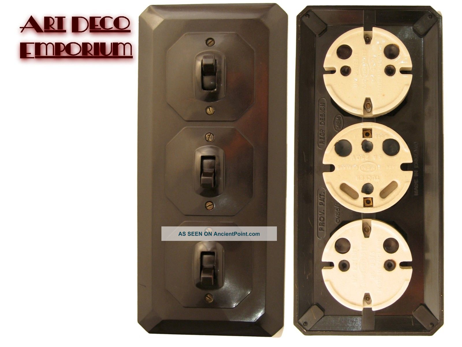 Mk Vintage Art Deco Bakelite 3 Gang,  1way Surface Mount Light Switch Light Switches photo