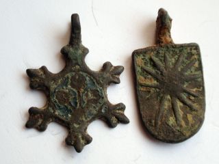2 X Rare Bronze Medieval Heraldic Pendants 15th Century Ad.  