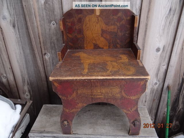 Dan Patch 1911 Pyrography Wood Chair Horse Racing & Art Nouveau Woman & Train 1900-1950 photo
