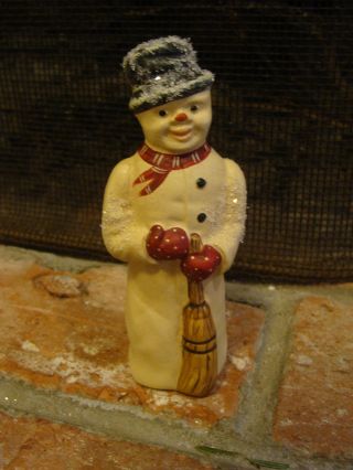 Black Forest Chalkware Folk Art Holiday Snowman W/scarf,  Mitts,  & Broom photo