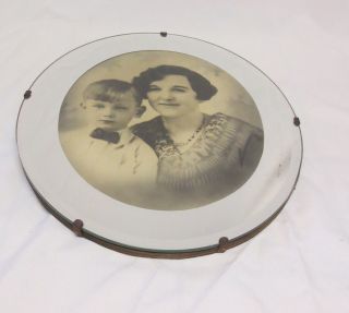 Antique Art Deco Beveled Mirror Picture Frame Wood Back photo