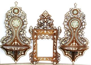 Group19th Mother Of Pearl Inlaid Pair Wall Shelf And Mirror photo