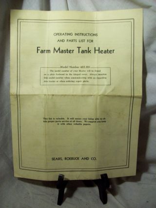 Farm Master Tank Heater Operating Instructions/parts From Sears,  Roebuck And Co. photo