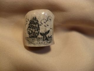 Scrimshaw Deer Antler Thimble Ship - Whale Tail photo