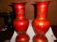 Pair Of Japanese Red Metal Vases W/crane Design Vases photo 7