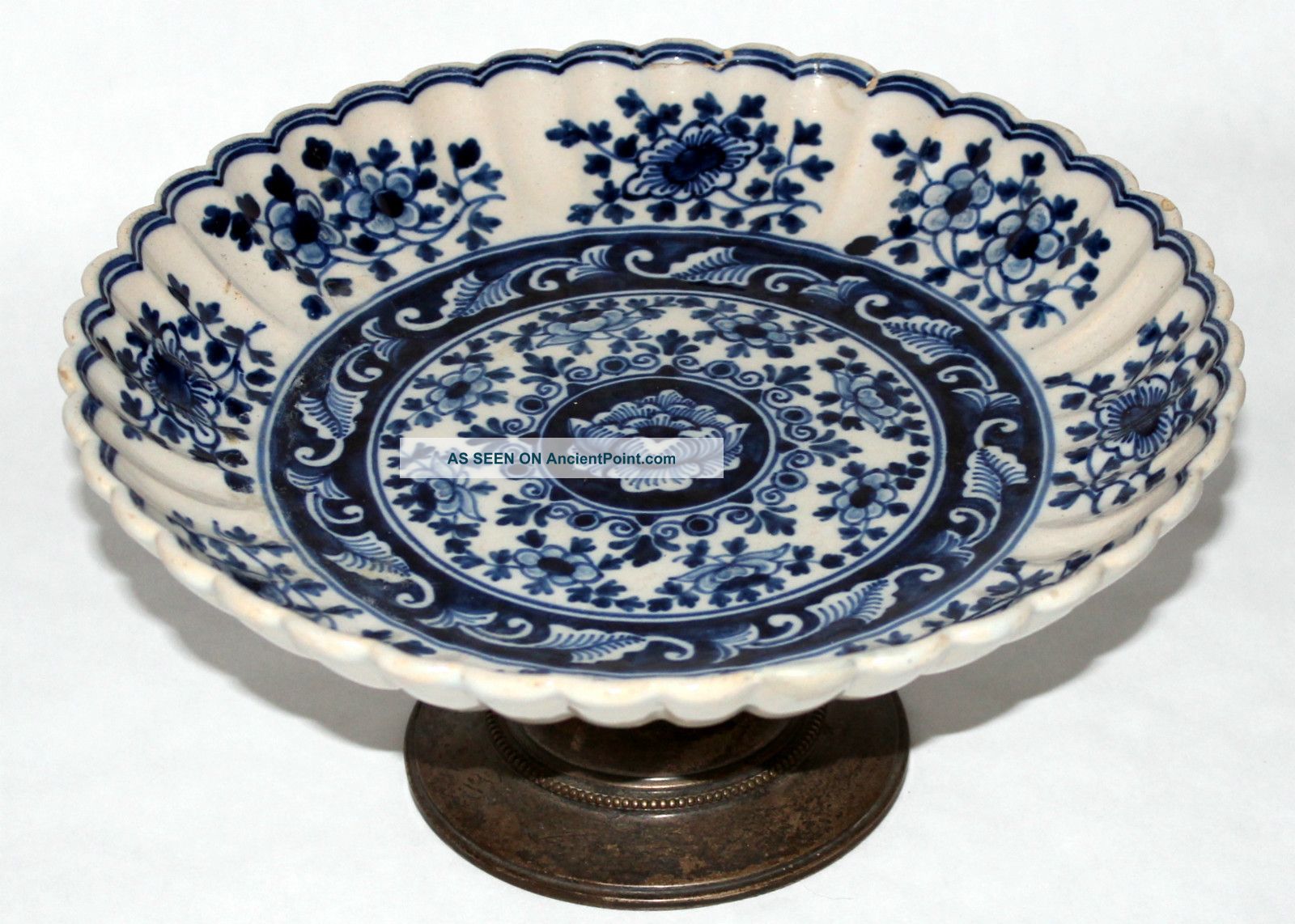 Antique Delft Faience Blue & White Pottery Fluted Bowl Compote Platters & Trays photo