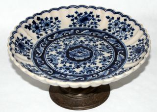 Antique Delft Faience Blue & White Pottery Fluted Bowl Compote photo