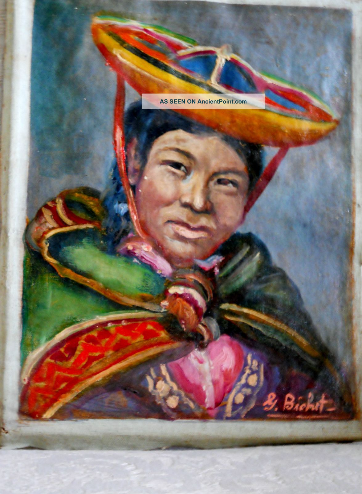 3 Oil On Canvas Painting Of S.  American Women. .  Signed G.  Bichet. . .  Possibly 1700s Latin American photo