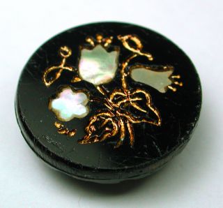 Antique Black Glass Button Floral Shell Inlay & Gold Luster photo