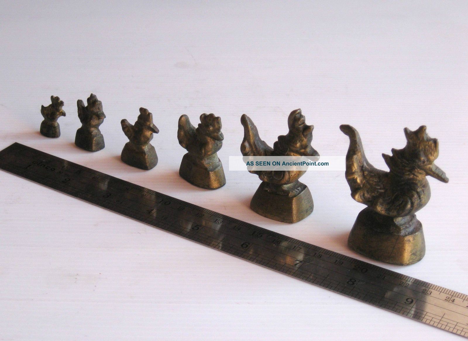 6 Antique Bronze Chicken Triangle Bird Opium Weights Burma Thailand Laos Asia Burma photo