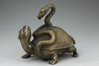 Chinese Old Copper Handwork Snake Tortoise Statue photo