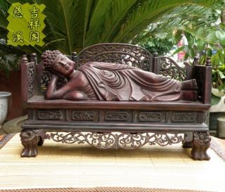 Chinese Old Rosewood Wood Carved Sleep Buddha Quan Kwan Yin Statue Sculpture V36 photo