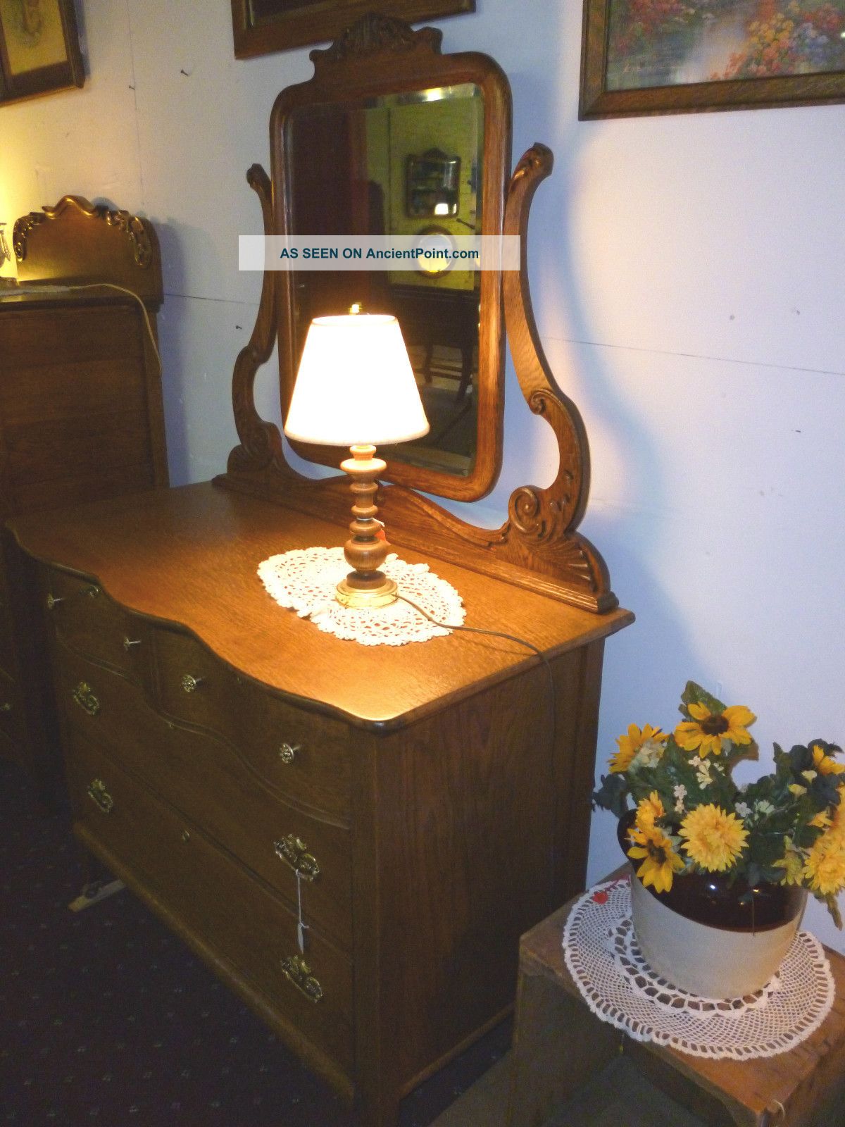 Antique Oak Dresser,  Bureau With Beveled Mirror Ornate Carvings,  Refinished Usa 1900-1950 photo