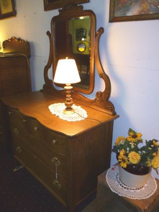 Antique Oak Dresser,  Bureau With Beveled Mirror Ornate Carvings,  Refinished Usa photo