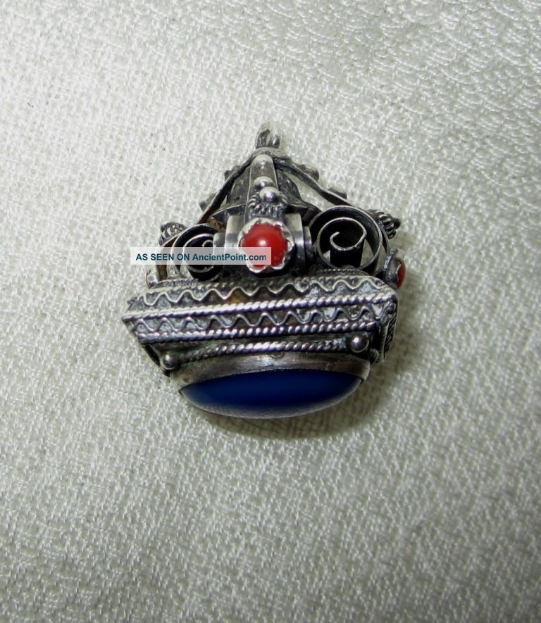 Vntg Antique Fancy Silver.  800 Watch Fob Coral Cabs Lge Blue Stone Seal Art Deco Silver Alloys (.800-.899) photo