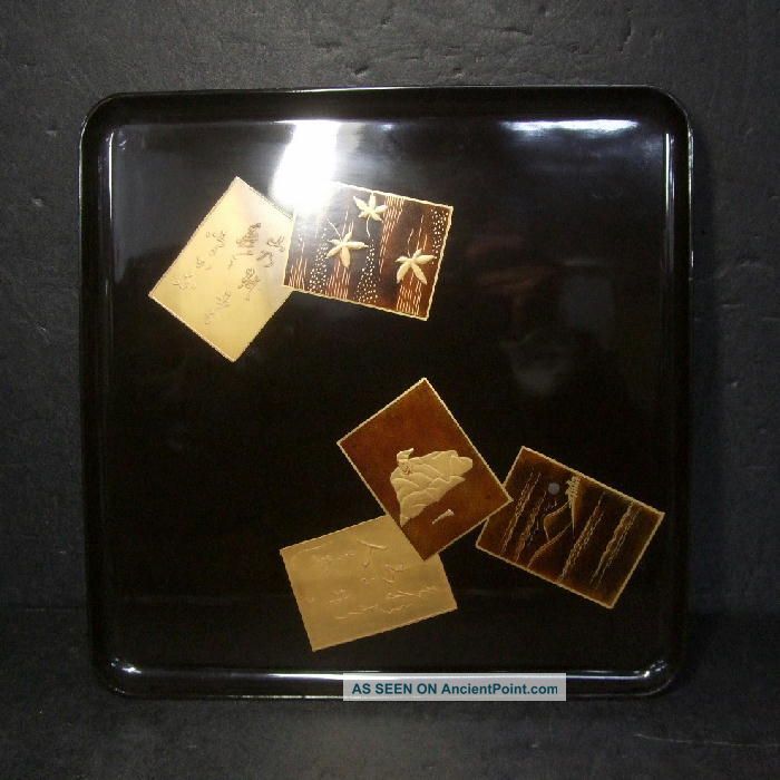 H503: Japanese Old Lacquer Ware Dinner Tray With Makie Of Karuta Makie Plates photo