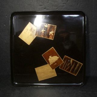 H503: Japanese Old Lacquer Ware Dinner Tray With Makie Of Karuta Makie photo