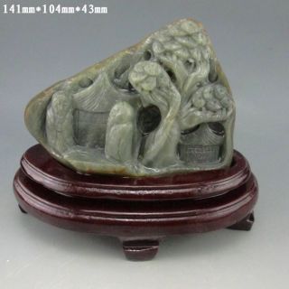 100% Natural Hetian Jade Hand - Carved Statues W Man&pine Tree Nr photo
