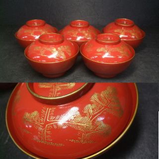 H504: Japanese Old Lacquer Ware Covered Bowl With Chinkin - Makie Of Pine Tree photo