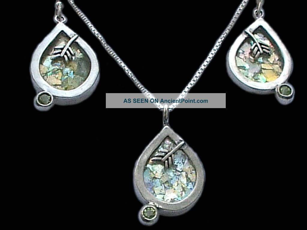 Unique One Of A Kind Ancient Roman Glass Peridot Earrings Necklace Set Roman photo
