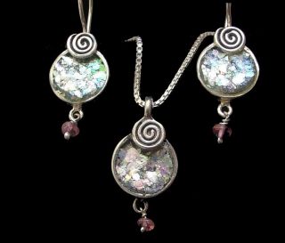 Unique One Of A Kind Ancient Roman Glass Pink Tourmaline Earrings Necklace Set photo
