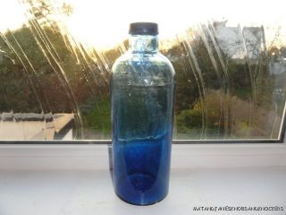 Large Handmade Victorian Blue Glass Bottle With Cork photo