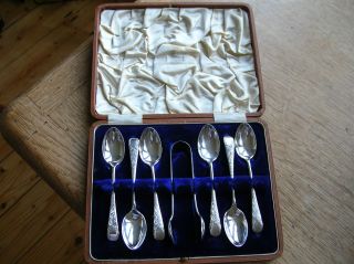 Heavy Quality Antique Cased Set Of Six Solid Silver Hm Spoons/tongs 127.  5g - 1907 photo
