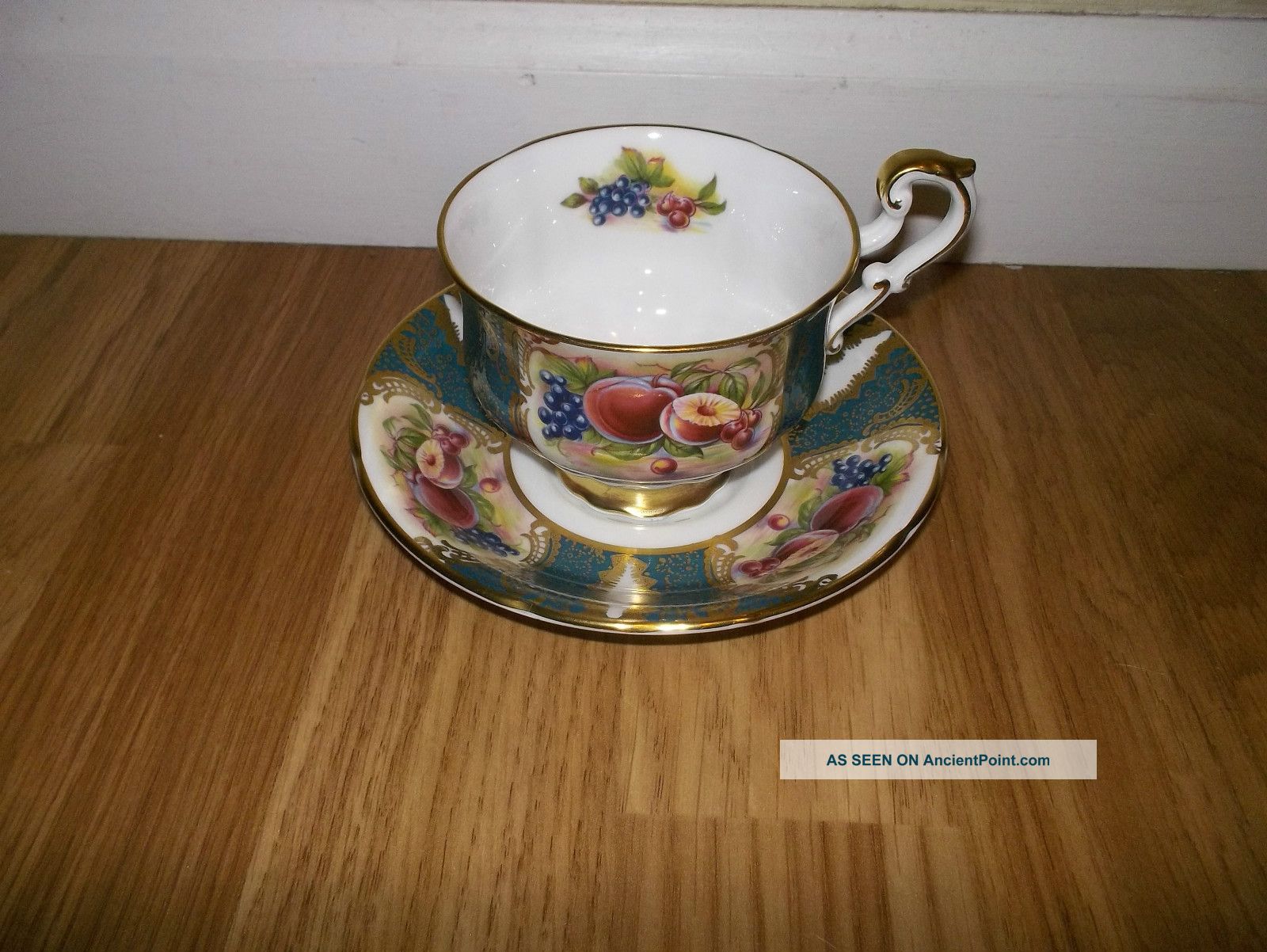 Paragon Tea Cup And Saucer Made In England Green With Fruit Pattern - Bone China Cups & Saucers photo