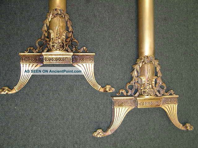 Pair Of Antique Bronze /brass Andirons With Flames / Claw Feet Metalware photo