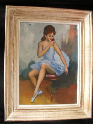 Retro Vintage 60s European Ballerina Framed Oil Painting photo