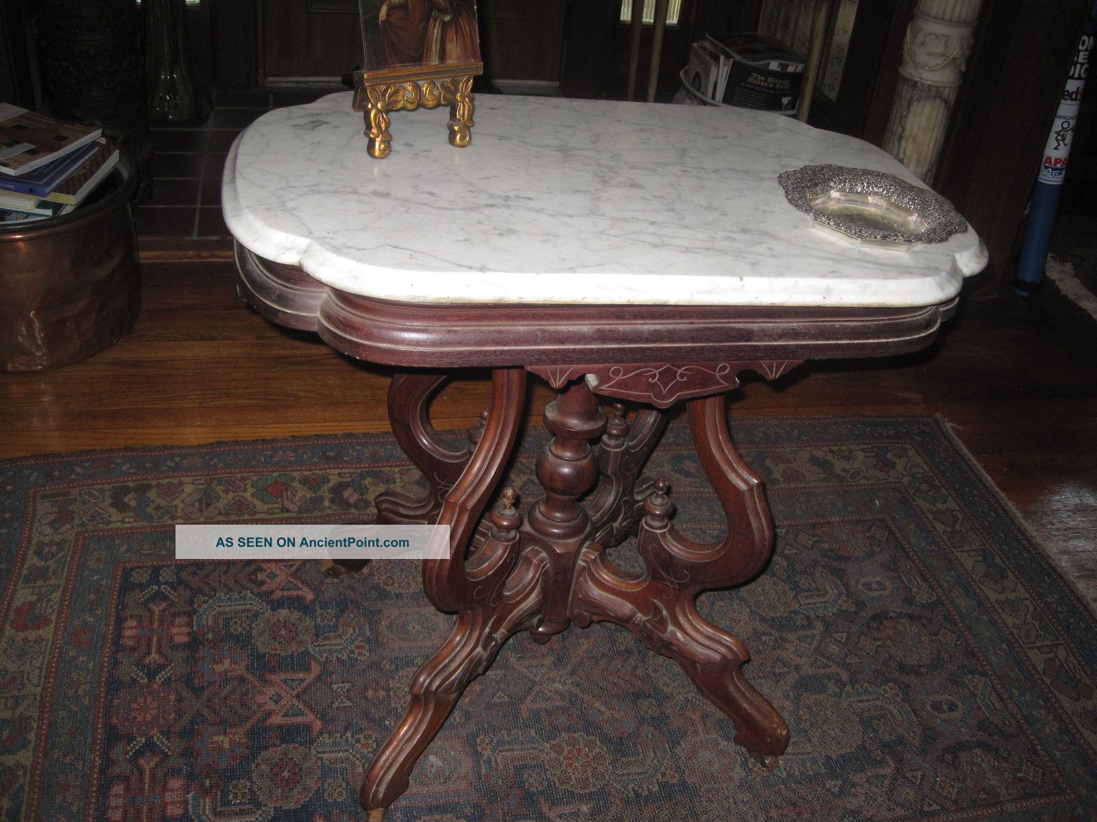 Antique Walnut Victoian White Marble Top Table 1800-1899 photo