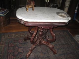 Antique Walnut Victoian White Marble Top Table photo