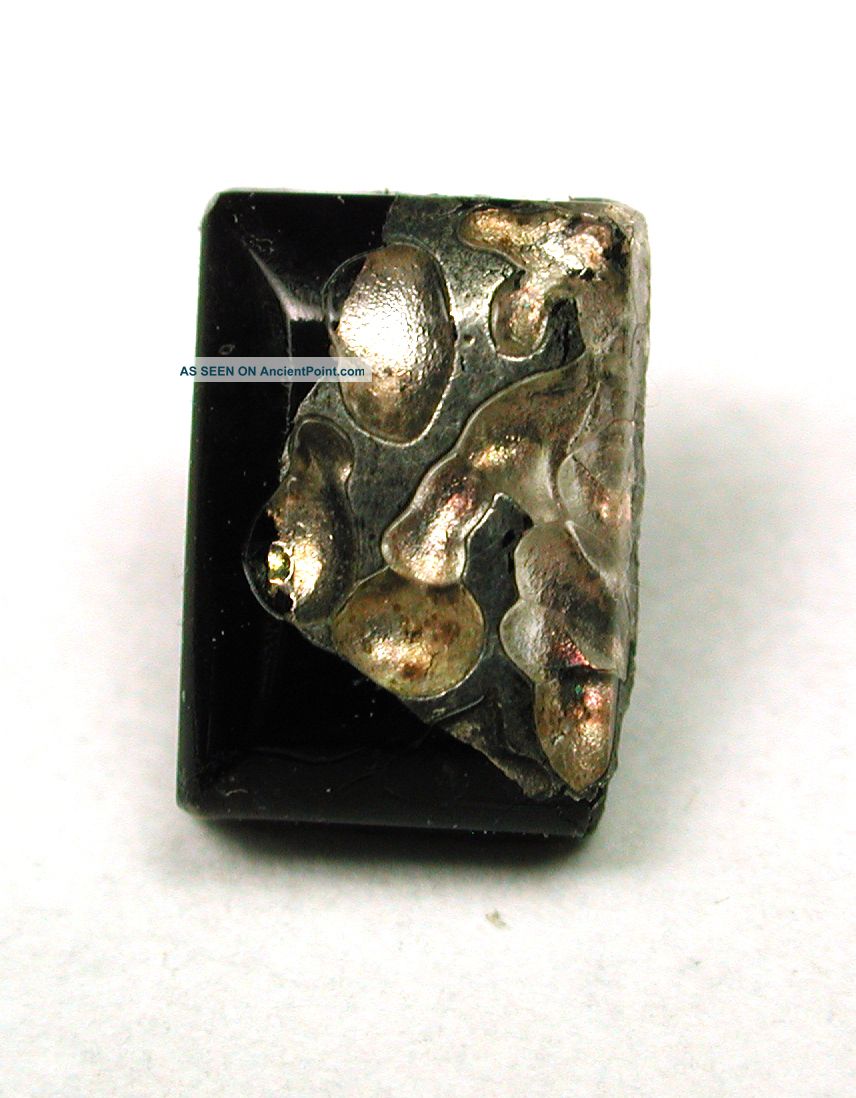 Antique Leo Popper Glass Button Black W/ Silver Rectangle Peg Shank Buttons photo