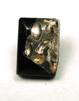 Antique Leo Popper Glass Button Black W/ Silver Rectangle Peg Shank photo