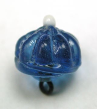 Antique Charmstring Glass Button Blue Candy Mold With White Ball Top Swirl Back photo