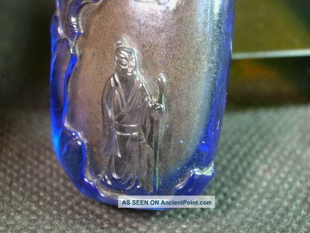 Elder Scenery Carved Chinese Blue Peking Glass Snuff Bottle Snuff Bottles photo