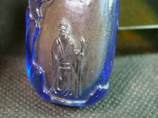 Elder Scenery Carved Chinese Blue Peking Glass Snuff Bottle photo
