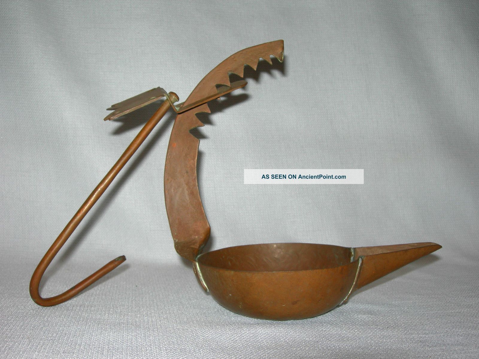 Old 18th - 19th Century Hand Wrought Copper Complete Betty Oil Lamp Pennsylvania?? Primitives photo