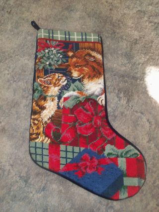 Vintage Hand Crafted Cross Stitched Dog & Cat Stocking - Lrg S - Needelpoint - 5 photo