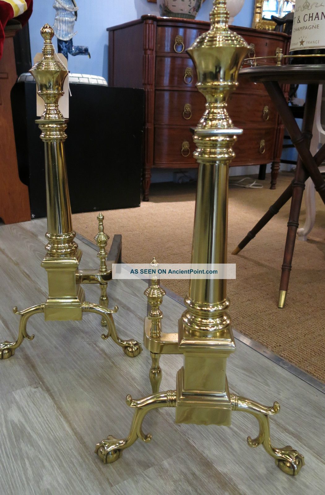 A Pair Of Polished Brass Federal Style Antique Andirons Metalware photo