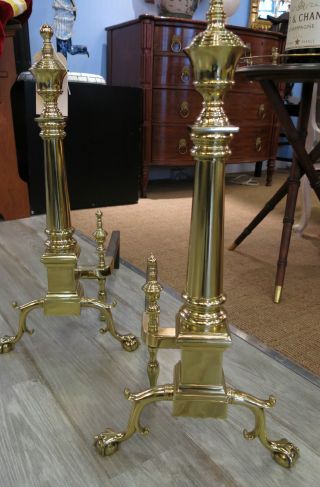 A Pair Of Polished Brass Federal Style Antique Andirons photo