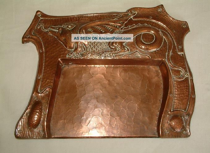 Antique English Arts & Crafts Copper Dragon Crumb Tray By Beldray Metalware photo