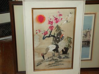 Very Good Vintage Japanese Silk Needlework Tapestry Cranes Framed photo