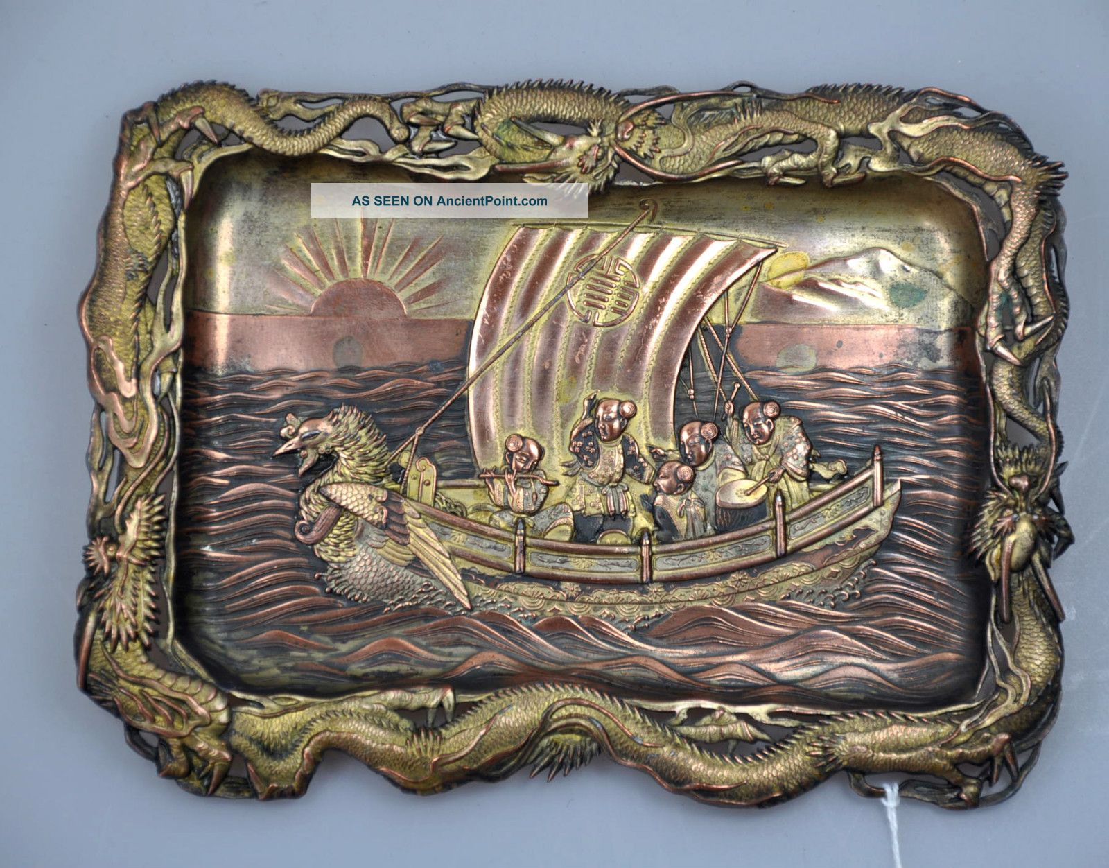 Antique Chinese Dragon Junk Music Musician Copper Tray Utensil Metalware photo