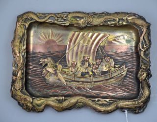 Antique Chinese Dragon Junk Music Musician Copper Tray Utensil photo