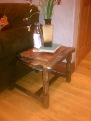 19th C Early Reclaimed Amish Chair Side End Table Stand Oak Top Primitive Hewn photo