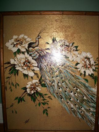 Large Vintage Retro Mid Century Peacock Foil Wall Art photo