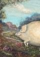 Antique American Folk Art Farm Prized Show Pig Oil Painting Tiger Maple Frame Folk Art photo 3