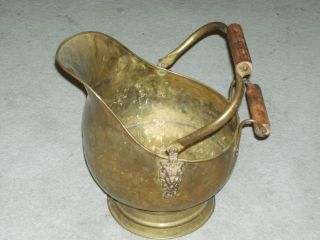 Antique Lion Head Ornate Brass And Wood Handle Large Coal Bucket photo