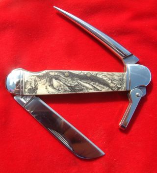Double Sided Scrimshaw Art,  Whales,  Mariner ' S Marlin Spike Knife/knives photo